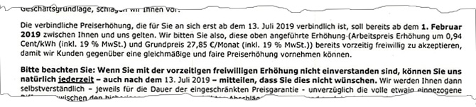 Ausriss aus der Preisanpassung der BEV