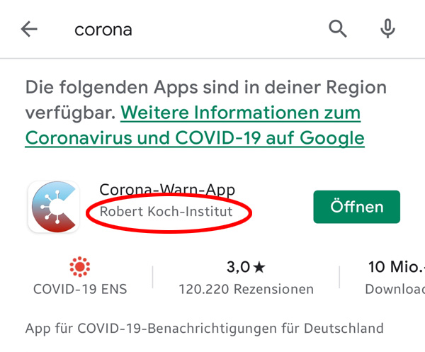 Screenshot aus dem Google Play Store: Corona-Warn-App, Robert-Koch-Institut