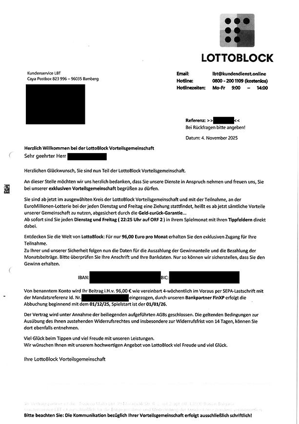 Ein Begrüßungsschreiben der LottoBlock Vorteilsgemeinschaft 
