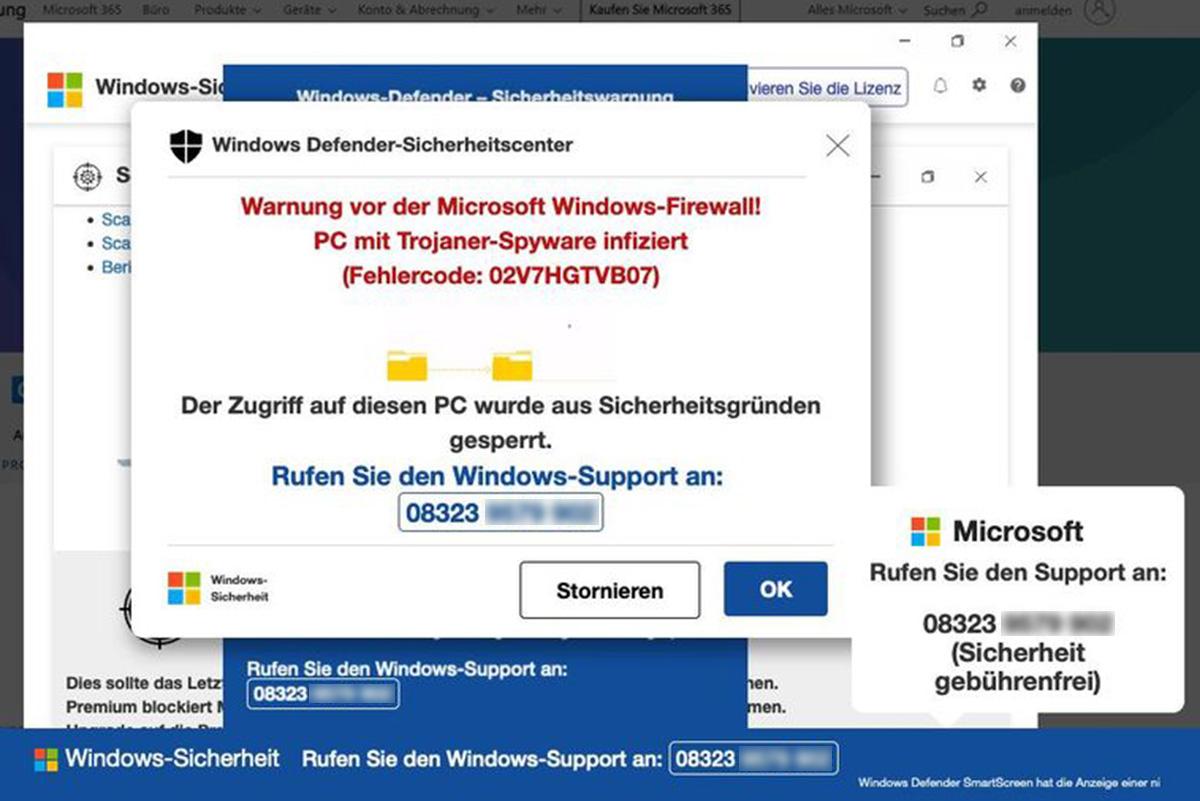 Screenshot einer falschen Windows-Sicherheitsmeldung "Warnunf vor der Microsoft-Firewall! PC mit Trojaner-Spyware infiziert. Der Zugriff auf diesen PC wurde aus Sicherheitsgründen gesperrt. Rufen Sie den Windows-Support an: 08323 (Rest unkenntlich gemacht)"