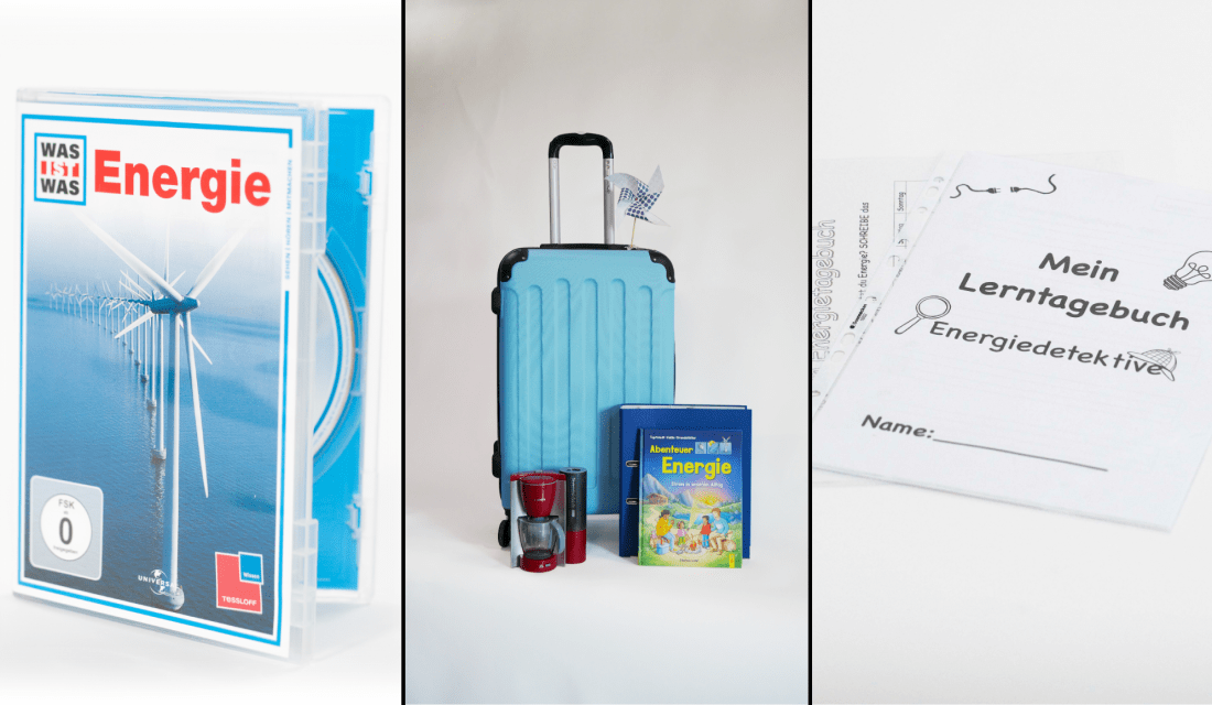 Der blaue Energiekoffer mit exemplarischem Material, Bücher, Ordner, Spielzeugkaffeemaschine und gebasteltes Windrad