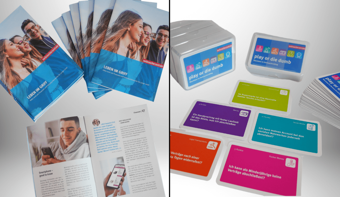 Die Broschüre "Leben im Griff" und das Kartenspiel "Play or die dumb"