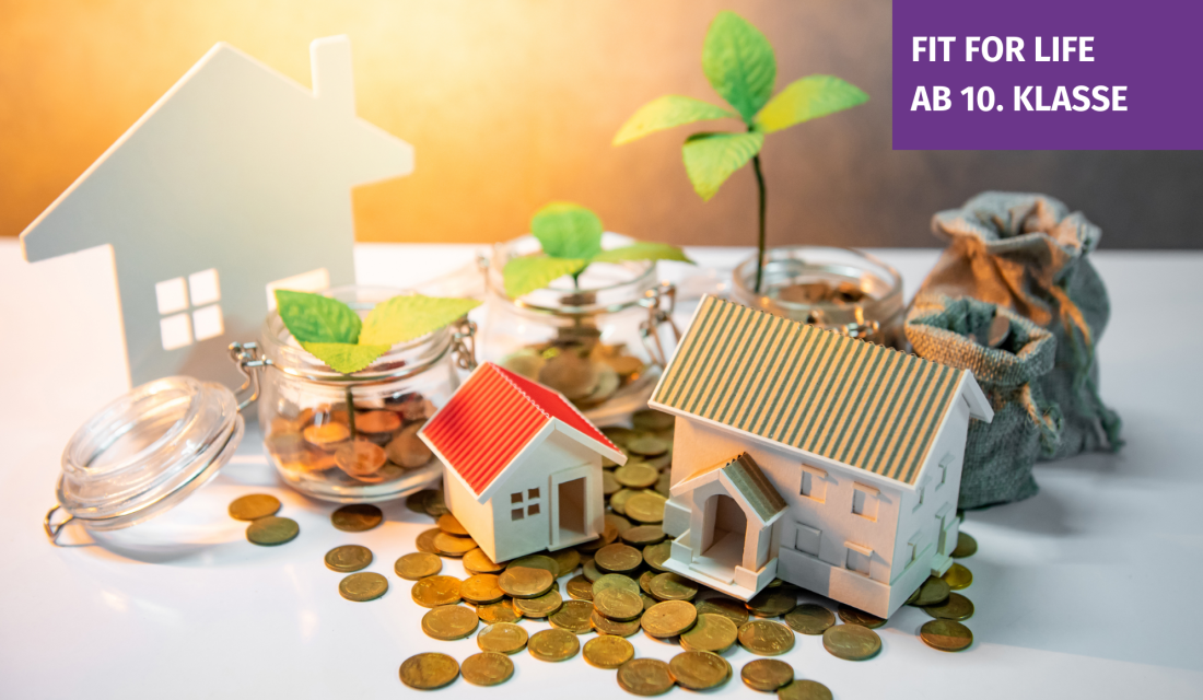 Ein graues Haus in 2D, davor liegen Münzen, andere kleinere Häuser und ein Pflanzenspross