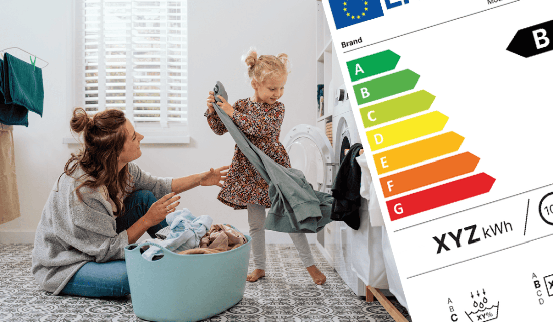 Bildcollage, links Erwachsene und Kind beim Herausnehmen sauberer Wäsche, rechts Ausschnitt eines Energieeffizienzlabes für Wäschetrockner