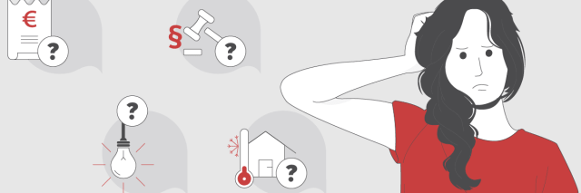 Eine Frau hält ihre Energierechnung in der Hand und kratzt sich am Kopf