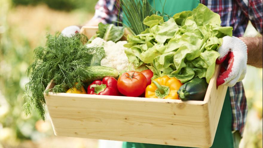 Obst und gemüse in einer Holzkiste