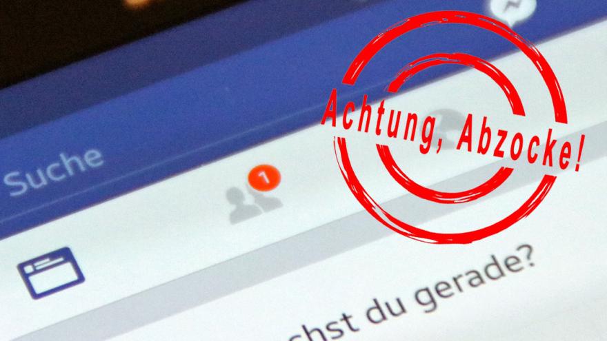 Schräger Screenshot der Facebook-Leiste, die über eine neue Freundschaftsanfrage informiert. Dazu ein Stempel mit den Worten: Achtung, Abzocke!