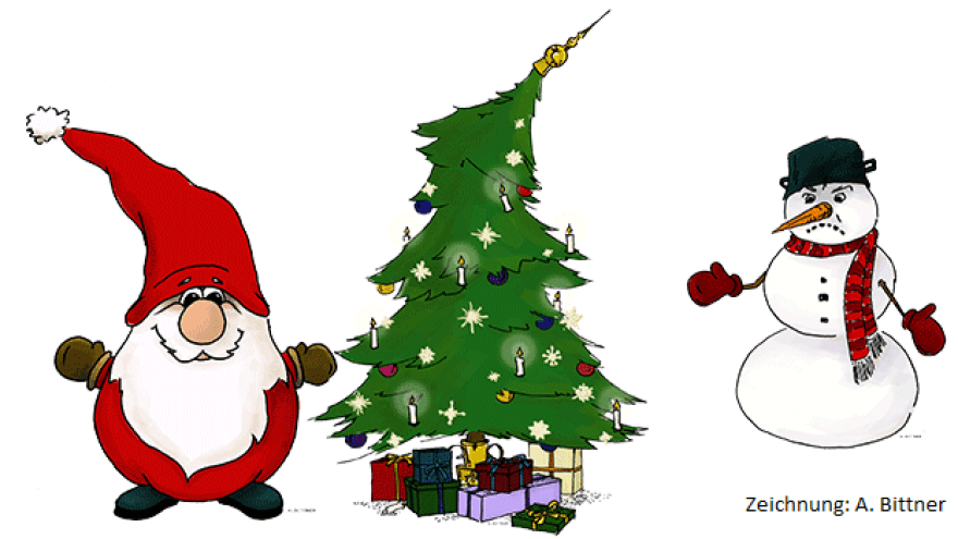 Zeichnung mit Tannenbaum, Weihnachtswichtel und Schneemann