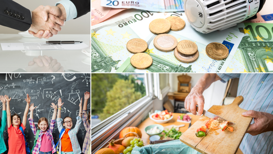 eine Collage aus vier Bilder: ein Handschlag, Geld auf dem ein Heizthermostat liegt, Kinder vor einer Tafel und ein Mann der in der Küche Essenreste in den Abfall wirf