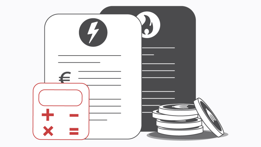 Taschenrechner und Münzen vor Gas und Strom Rechnung