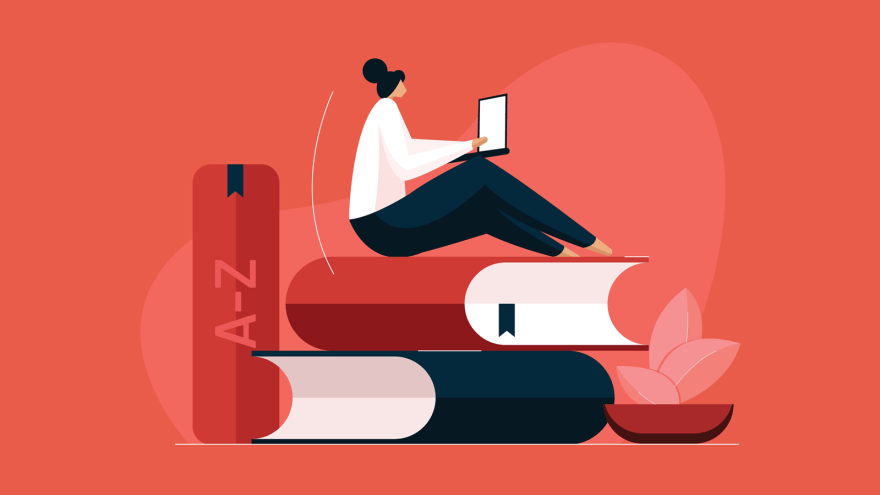 Illustration einer Frau auf einem Stapel Büchern mit "A bis Z" auf einem der Buchrücken