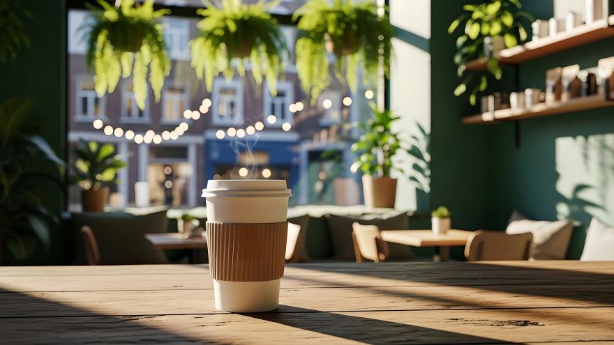 Ein Einwegbecher Kaffee steht auf dem Tisch in einem mit Pflanzen grün gestaltetem Cafe
