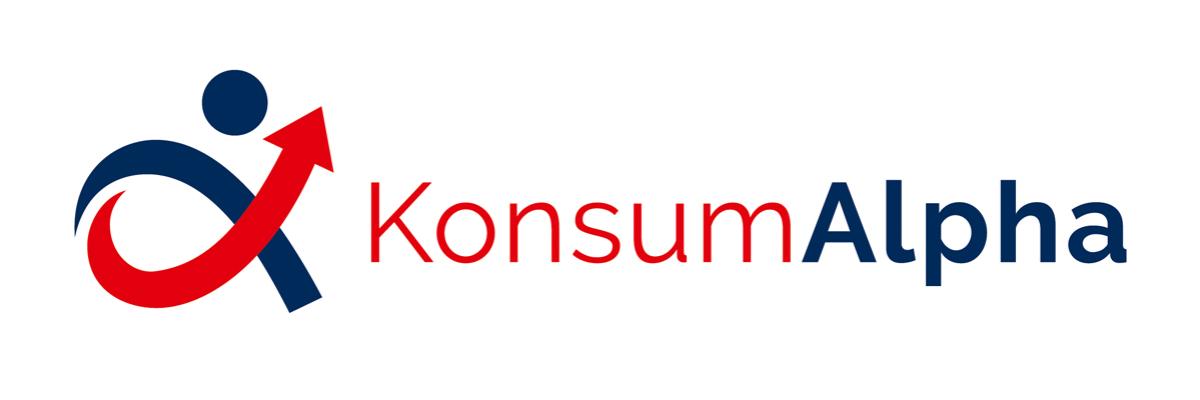 Logo des Projektes Konsum Alpha in rot und blau mit Schriftzug