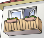 Zeichnung: Wohnung mit Balkon. Die Balkontür steht offen.