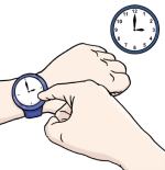 Grafik: Jemand vergleicht die Zeit auf der Armbanduhr mit der Zeit auf einer Wanduhr