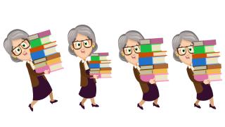 Vier Grafiken: Damen tragen Bücher vor sich hin
