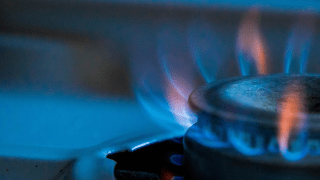 Die Flammen eines eingeschalteten Gasherdes