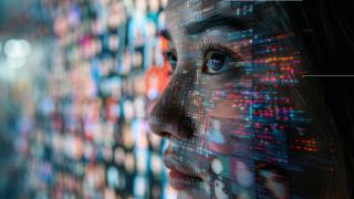 Eine Frau blickt auf eine digitale Anzeige.