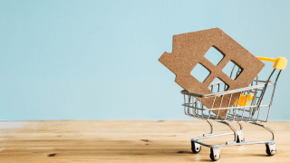 Ein Miniaturausschnitt aus Holz in Form eines Hauses liegt in einem Miniatur-Einkaufswagen.