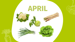 Schrift "April" und Fotos einiger Gemüsesorten