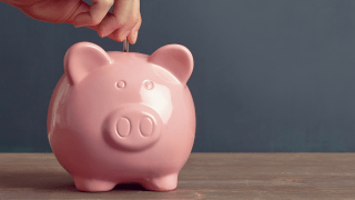 eine Hand steckt eine Münze in ein Sparschwein