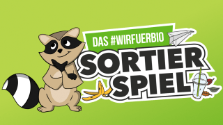 Illustration eines lächelnden Waschbärs mit Schriftzug "Das #wirfuerbio Sortierspiel" als Logo der gleichnamigen App
