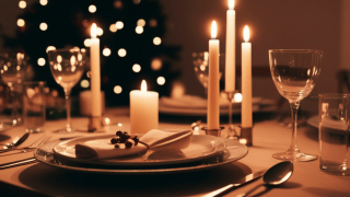 ein mit Geschirr gedeckter Festtagstisch, im Hintergrund steht ein Weihnachtsbaum.