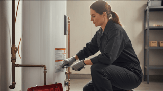 Eine Frau repariert einen Gasheizkessel
