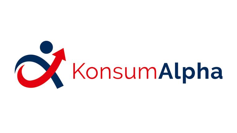Logo des Projektes Konsum Alpha in rot und blau mit Schriftzug